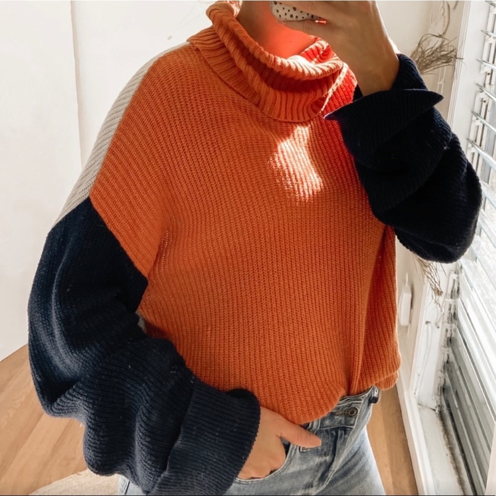 Splendid Cowl Neck Color Block Sweater Oversized Balloon Sleeves Size Large